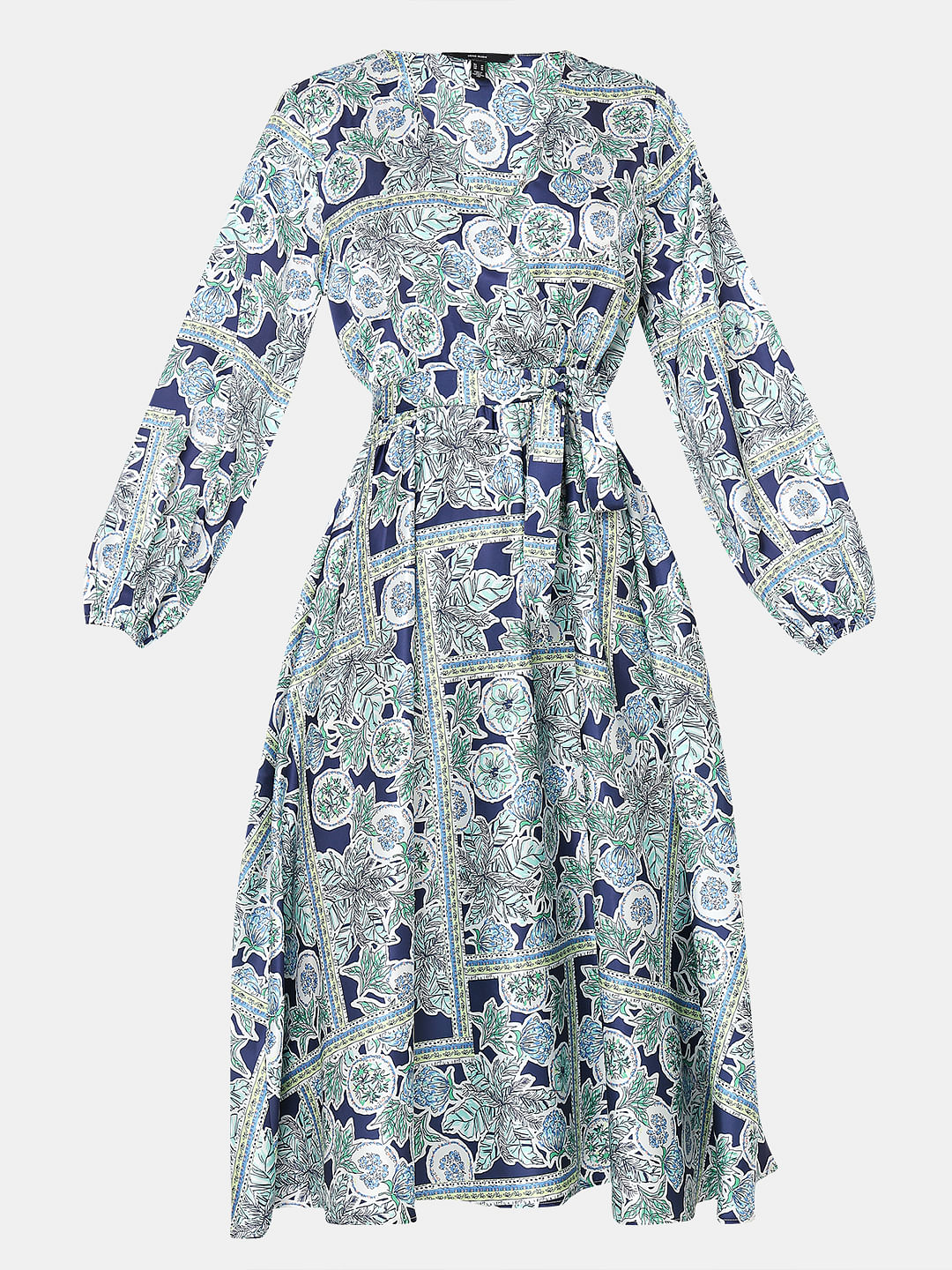 Blue Printed Satin Midi Dress