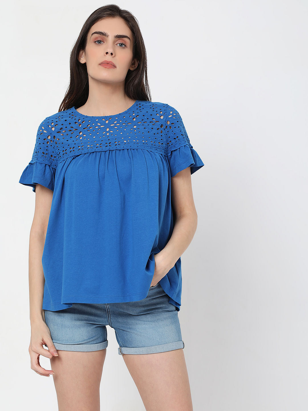 Blue Schiffli Embroidered Top