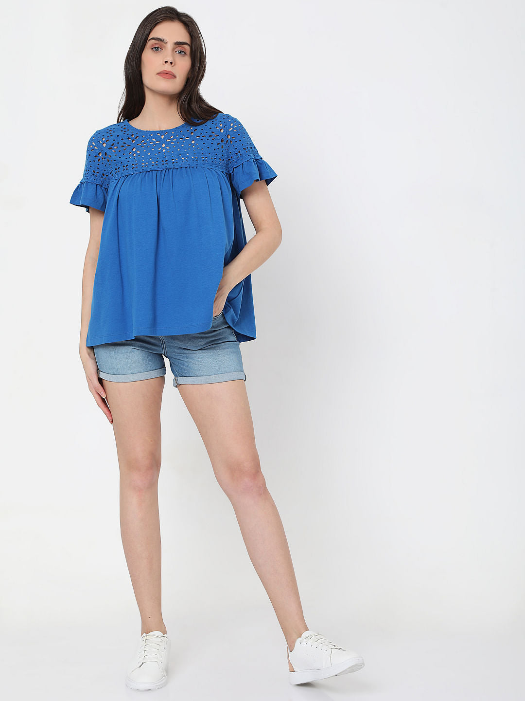 Blue Schiffli Embroidered Top