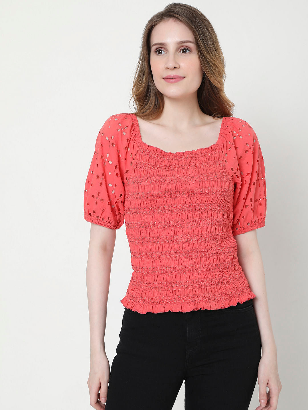 Coral Cut Work Smocked Top
