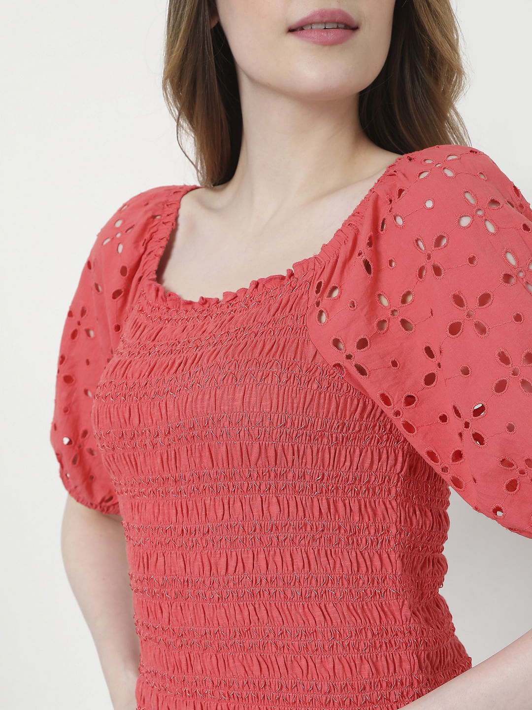 Coral Cut Work Smocked Top