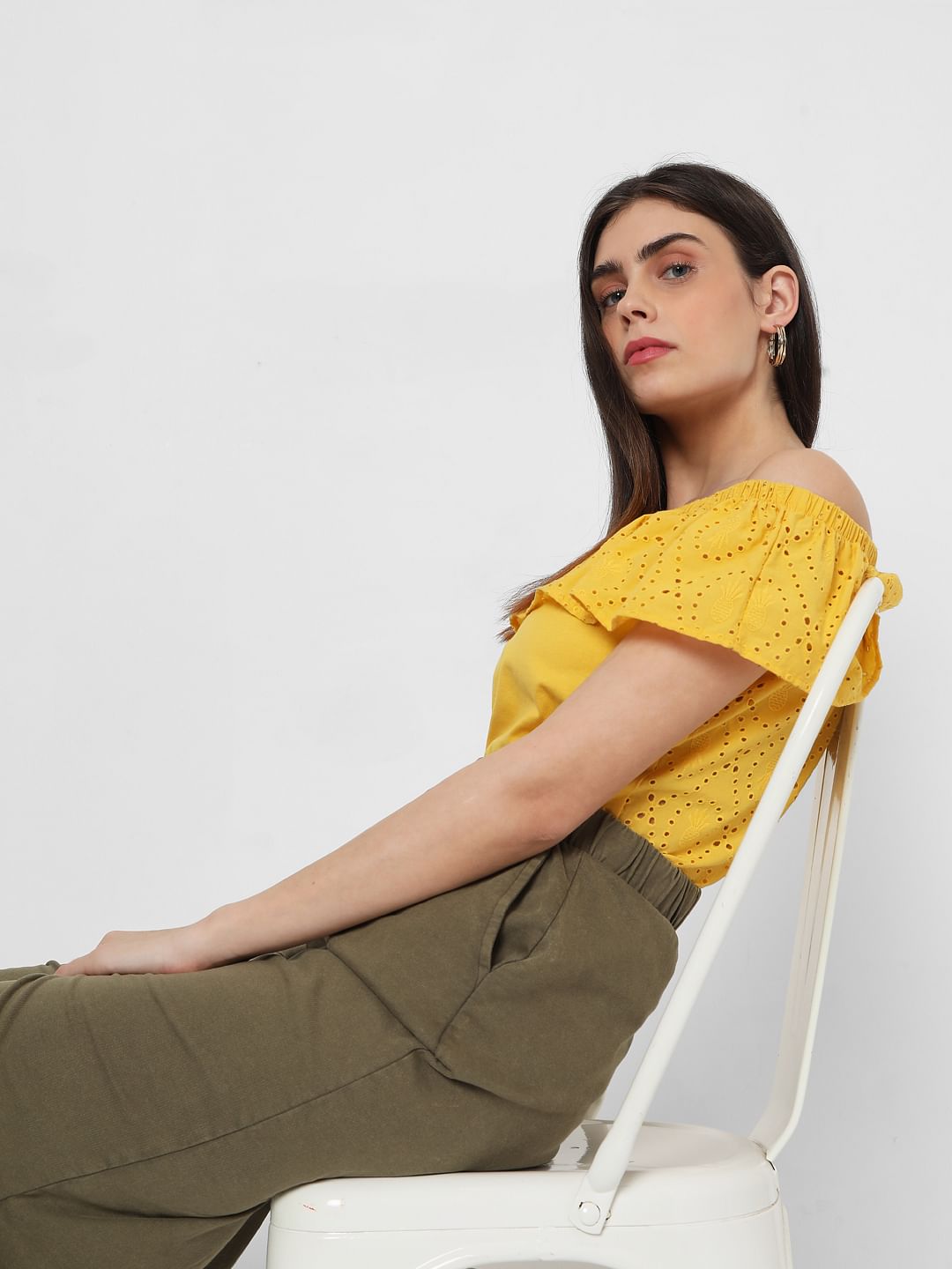 Yellow Off Shoulder Schiffli Top