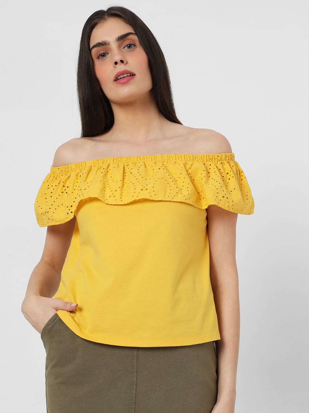 Yellow Off Shoulder Schiffli Top