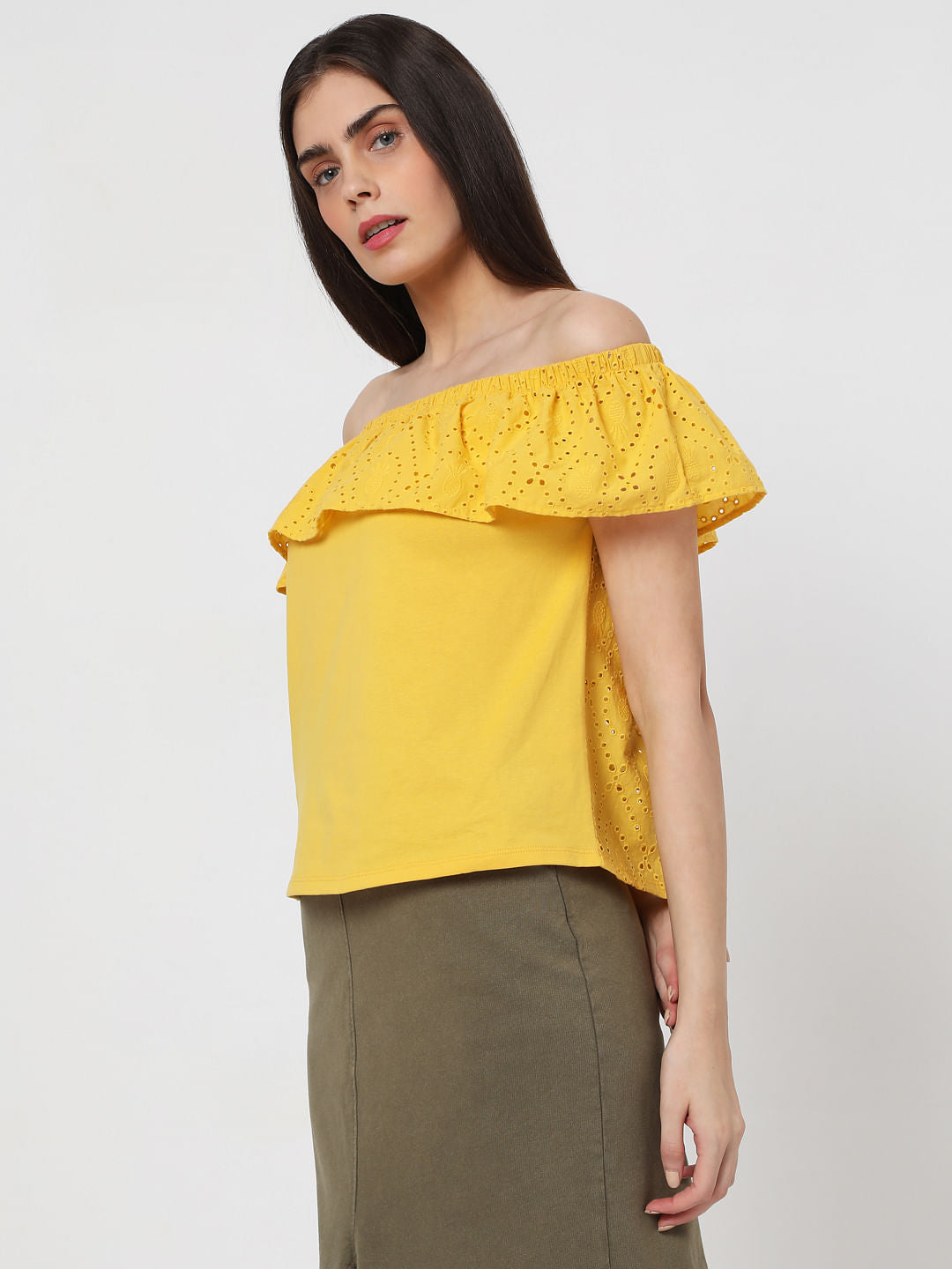 Yellow Off Shoulder Schiffli Top