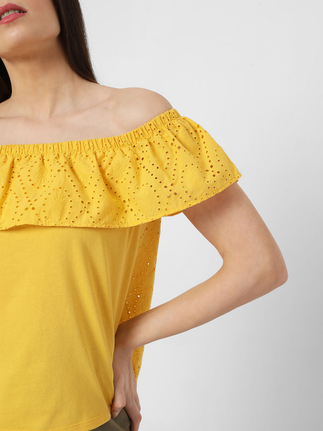 Yellow Off Shoulder Schiffli Top