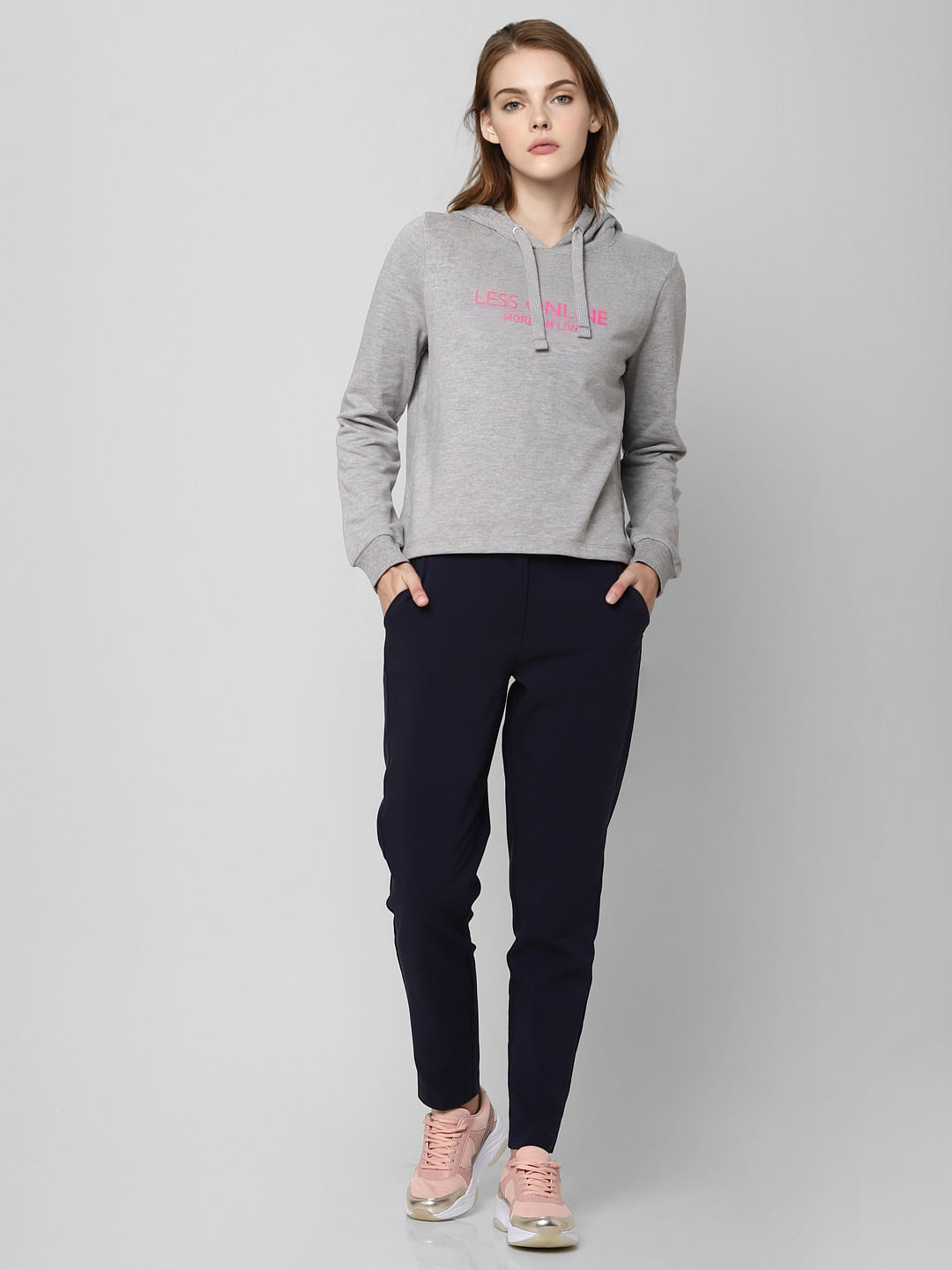 Grey Text Print Hooded Sweatshirt