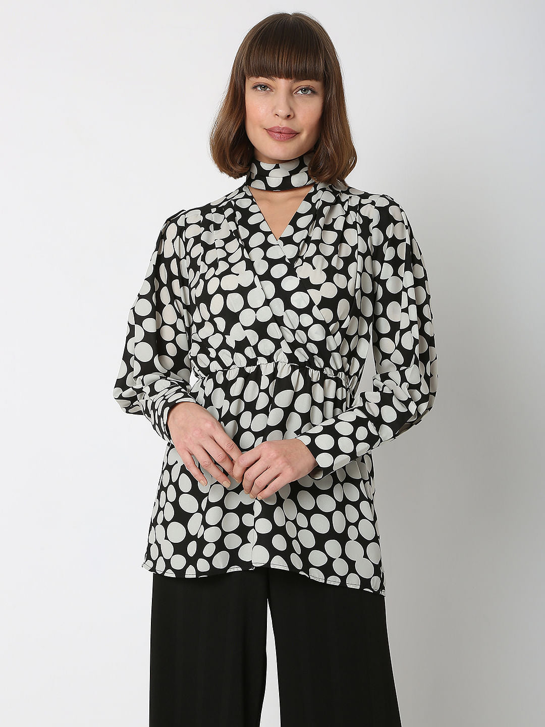 Black Polka Dot Wrap Top
