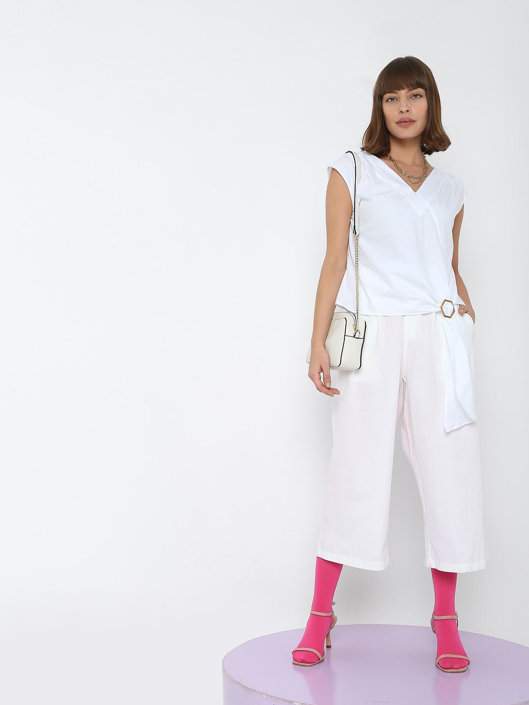 White V-Neck Co-Ord Set Top