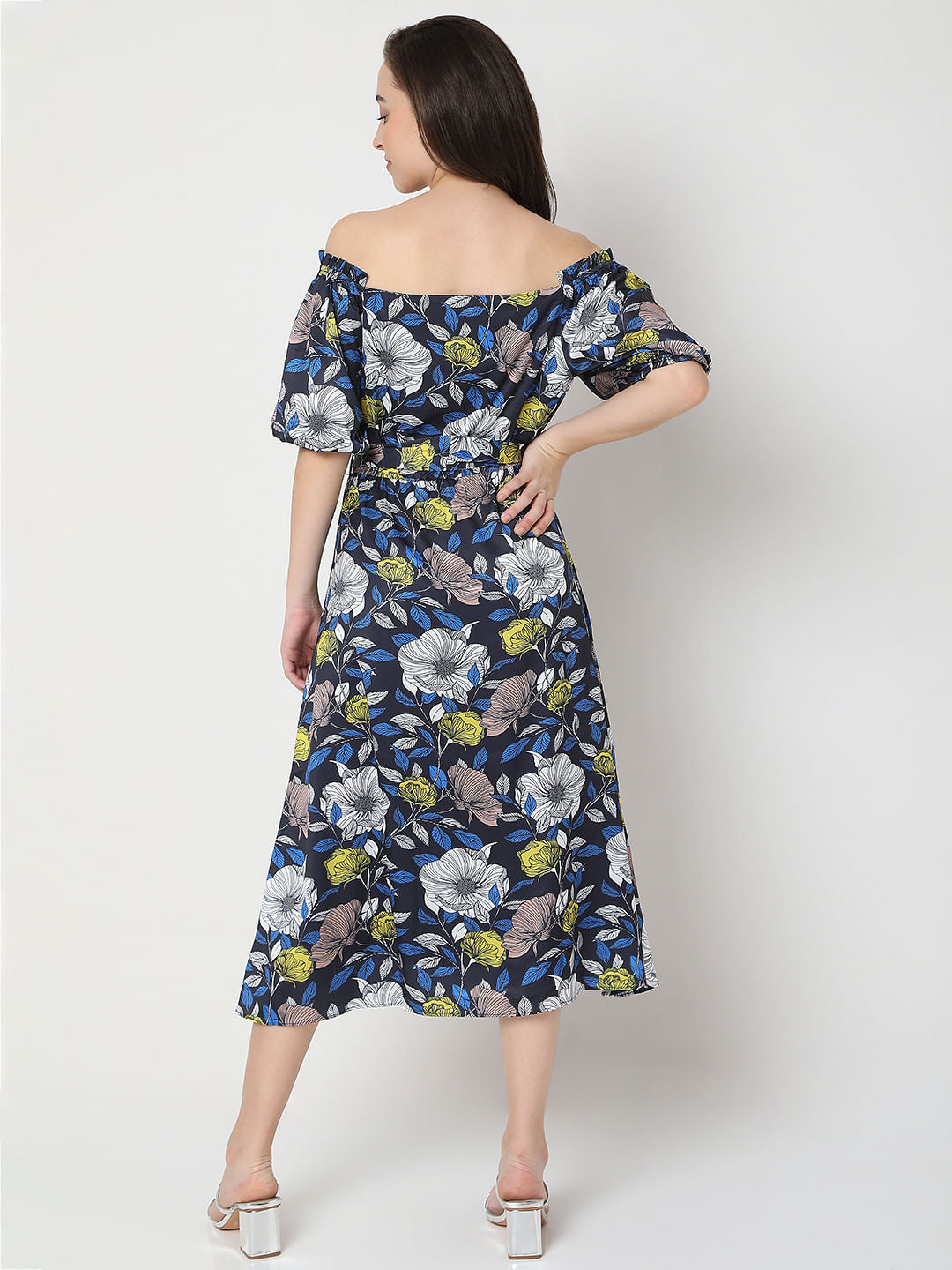Blue Floral Off-Shoulder Midi Dress