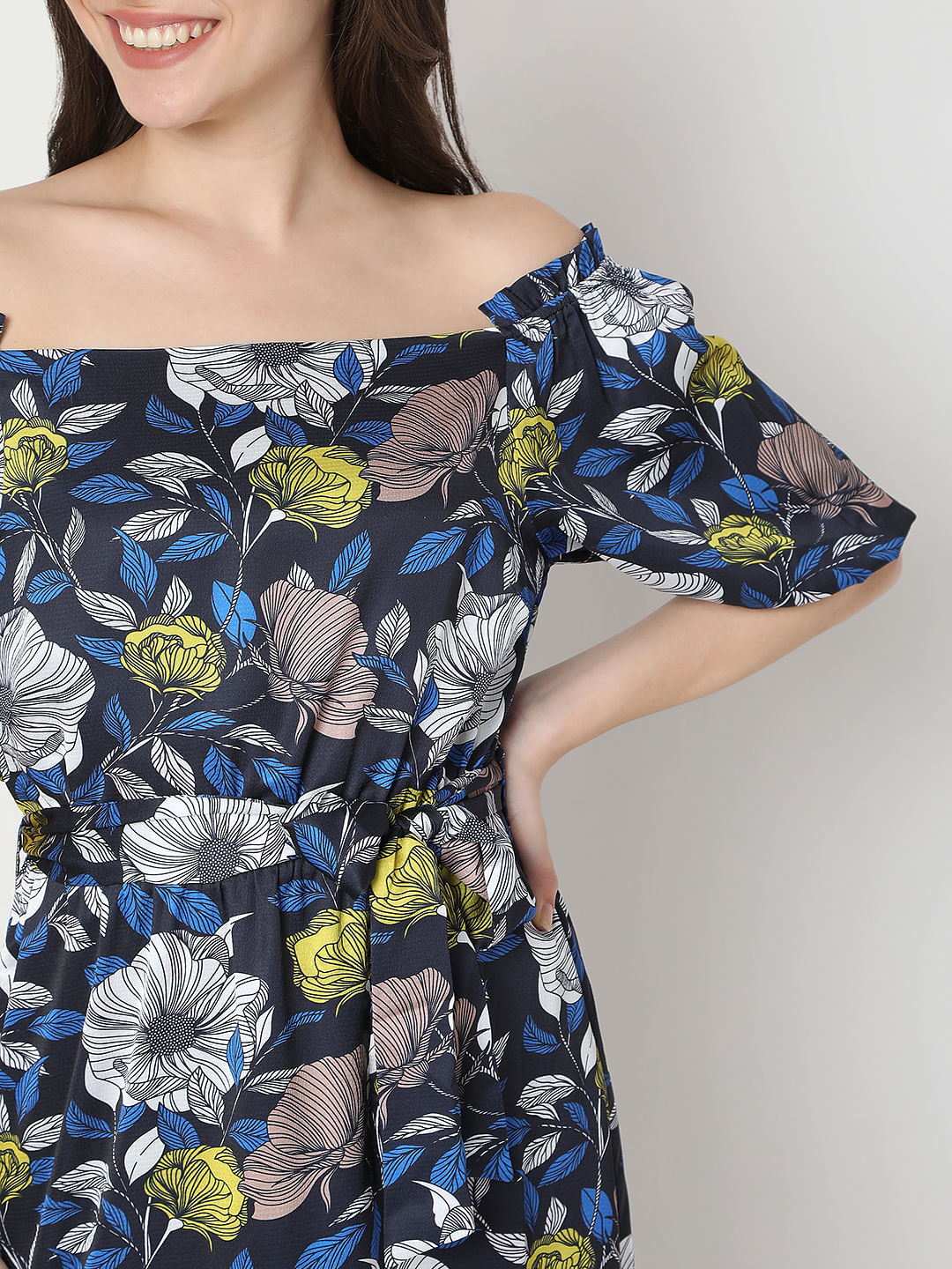 Blue Floral Off-Shoulder Midi Dress