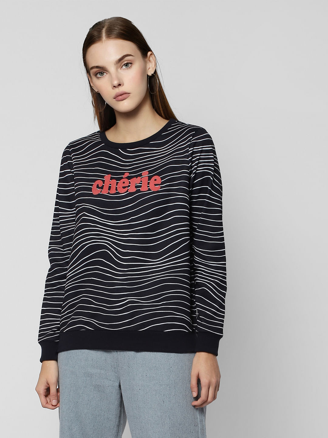 Navy Blue Text Print Sweatshirt