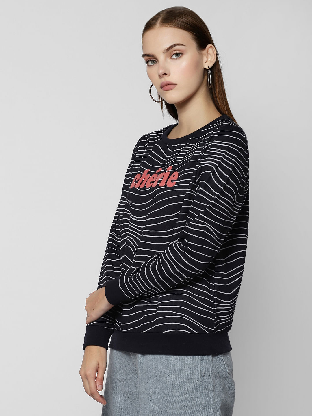 Navy Blue Text Print Sweatshirt