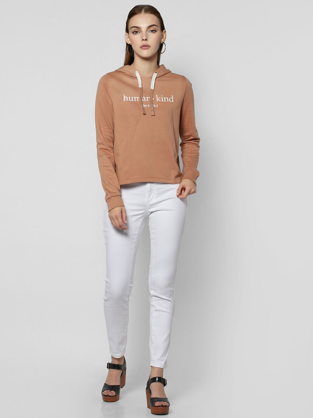 Beige Text Print Hooded Sweatshirt