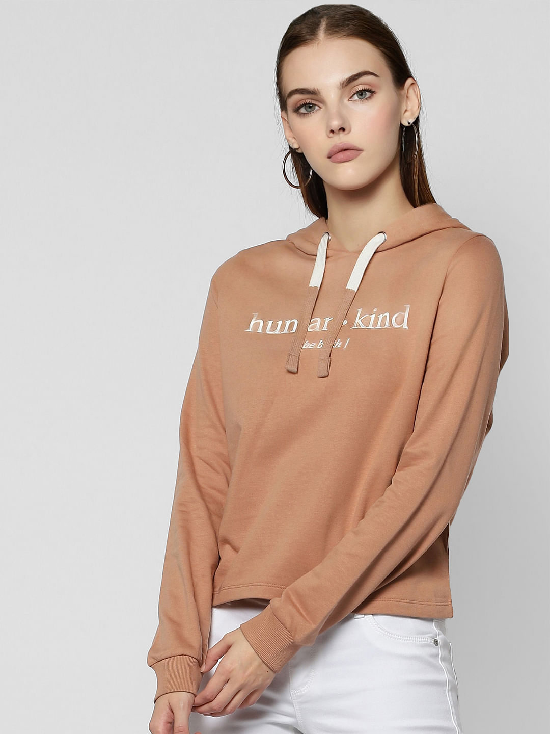 Beige Text Print Hooded Sweatshirt