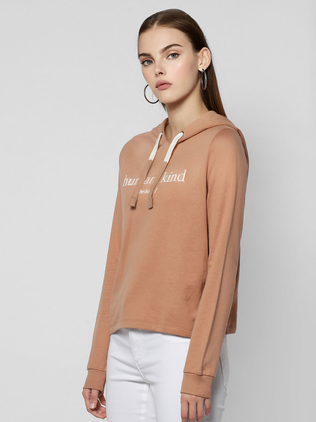 Beige Text Print Hooded Sweatshirt