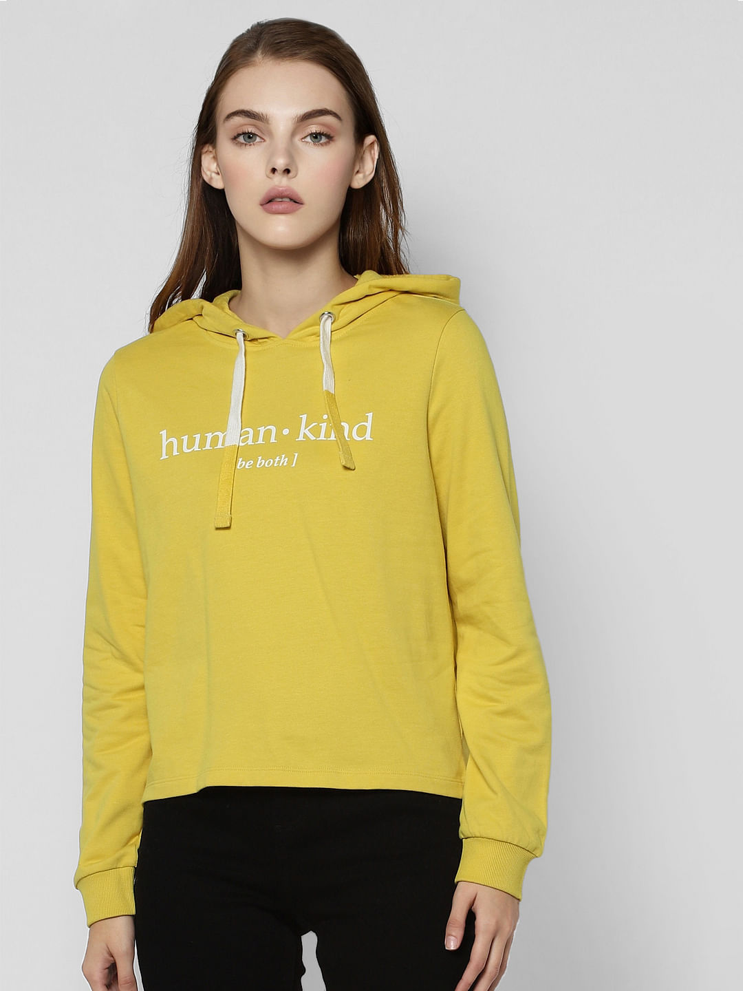 Yellow Text Print Hooded Sweatshirt