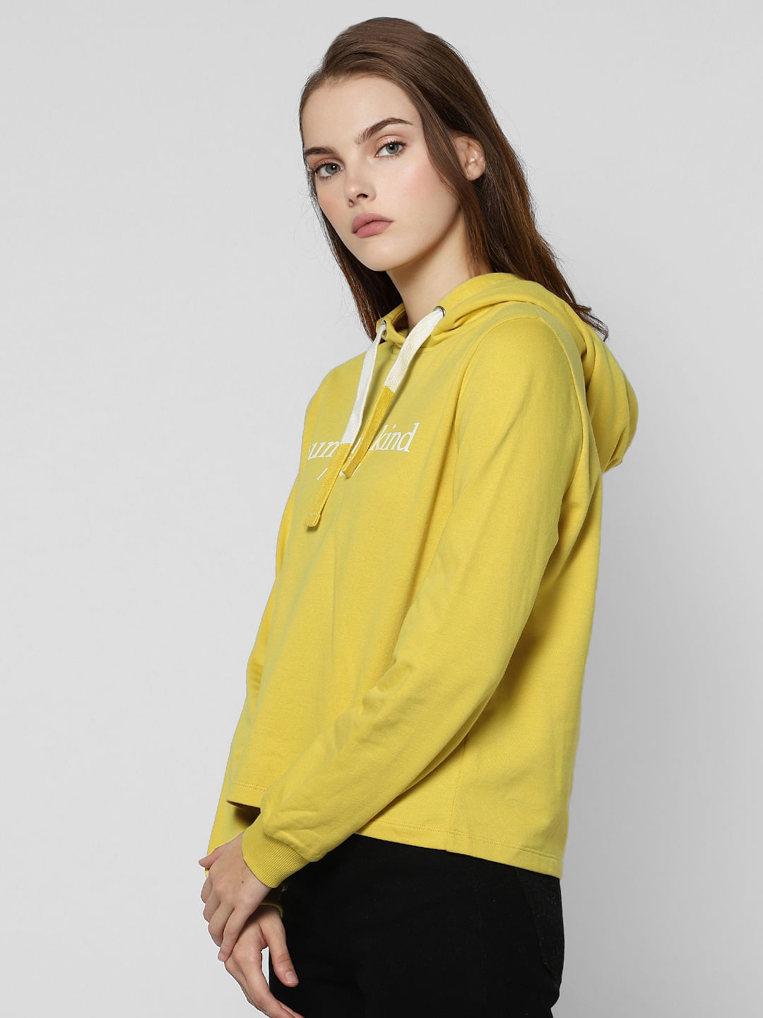 Yellow Text Print Hooded Sweatshirt