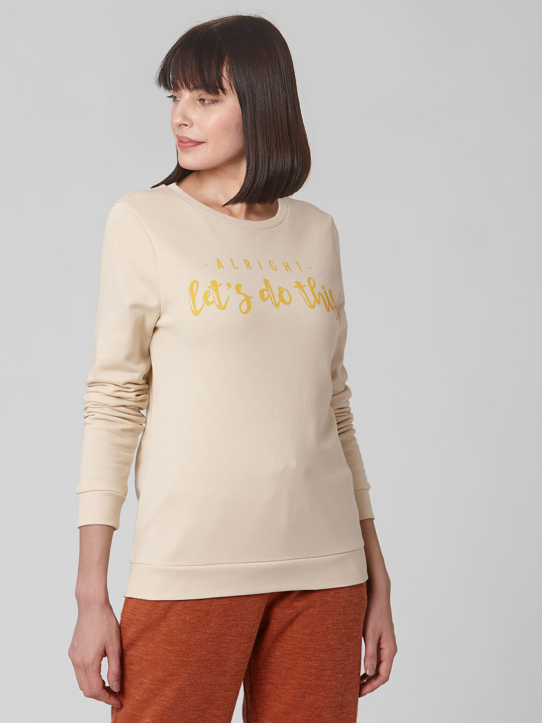 Beige Slogan Print Sweatshirt