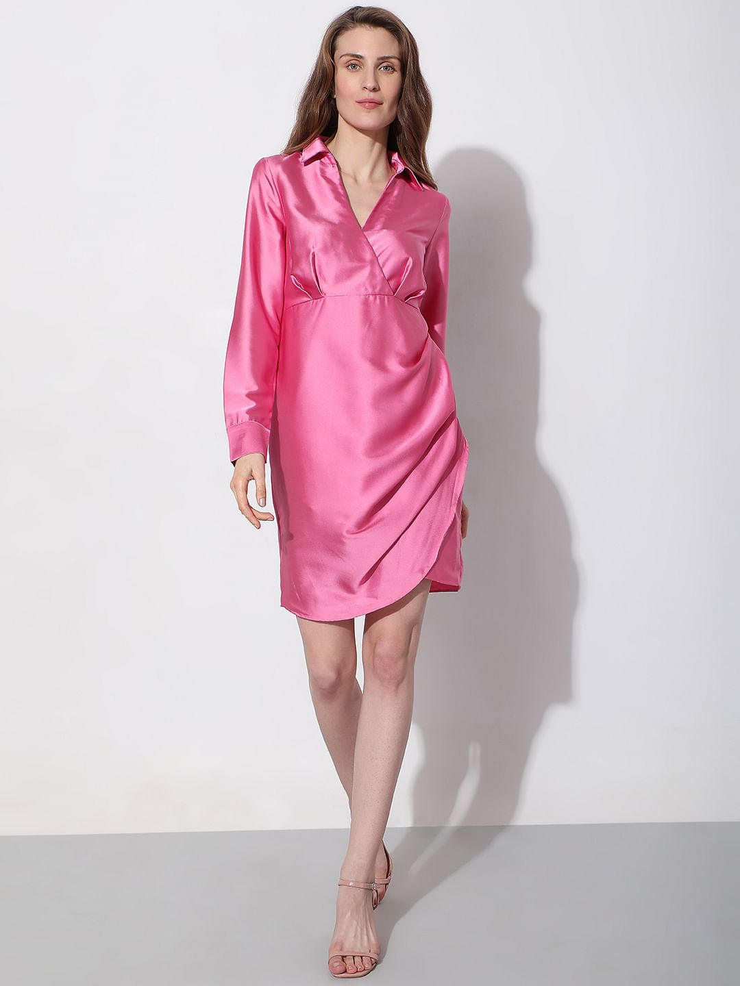 Pink Satin Wrap Shirt Dress