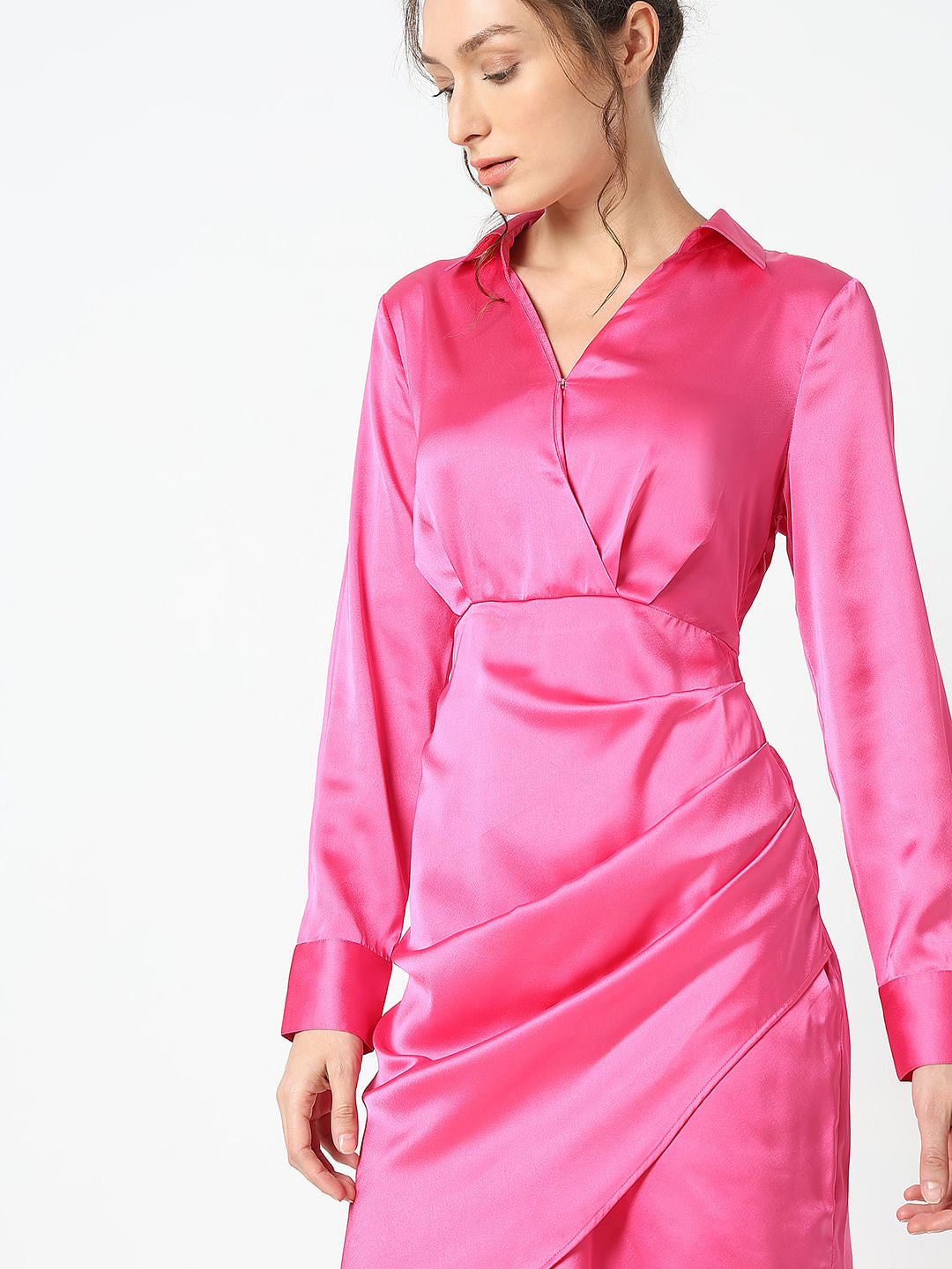 Pink Mock Wrap Shirt Dress