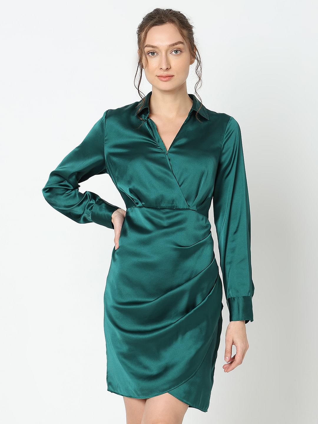 Teal Satin Shirt Dress