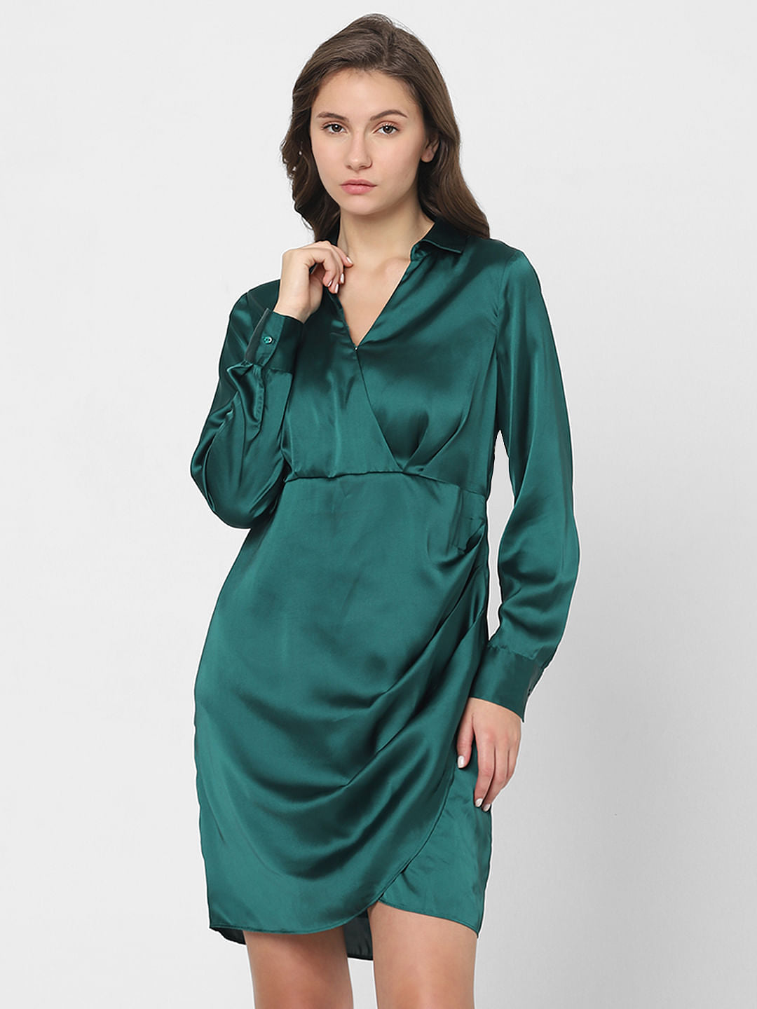Teal Satin Shirt Dress