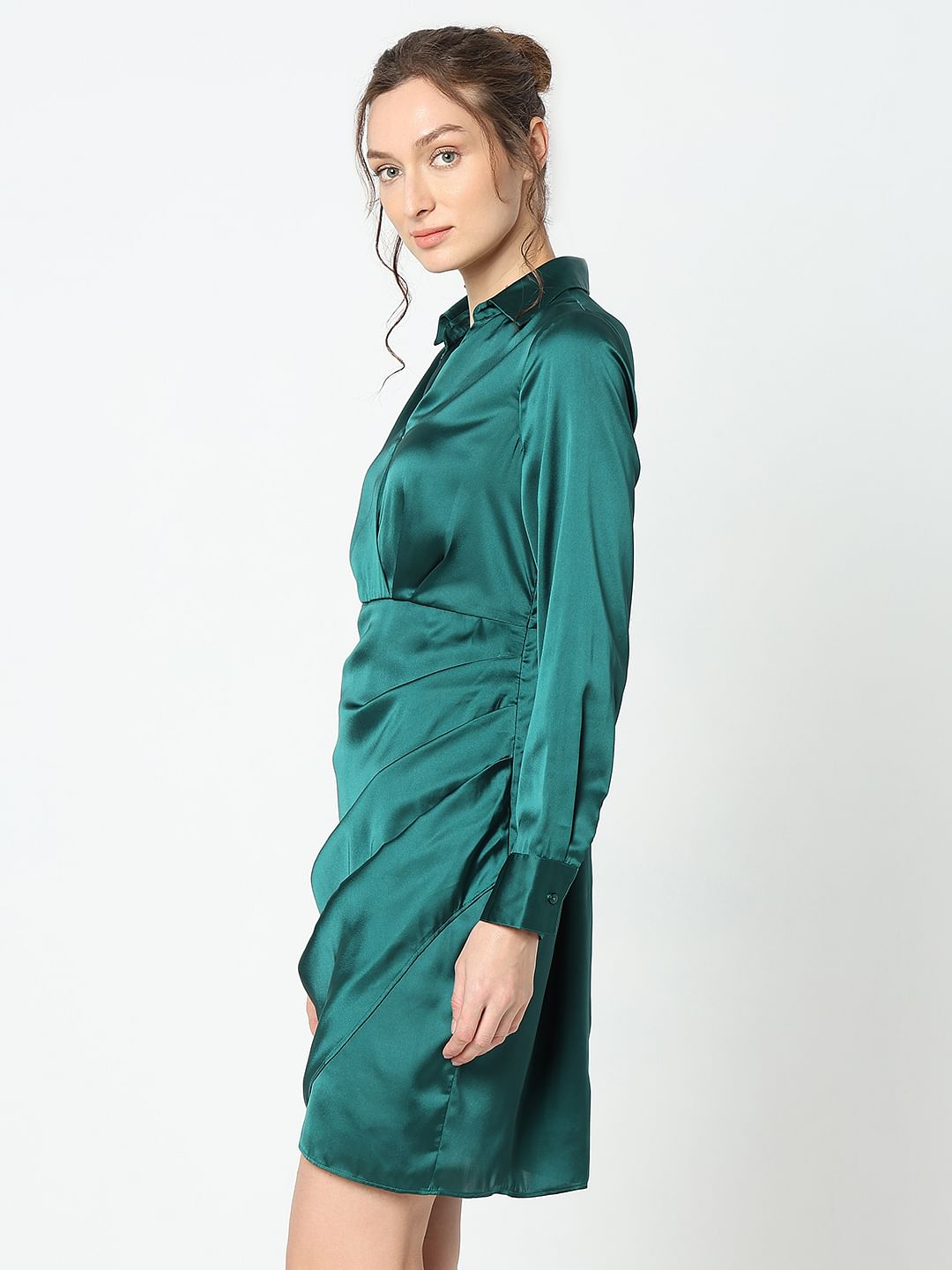 Teal Satin Shirt Dress