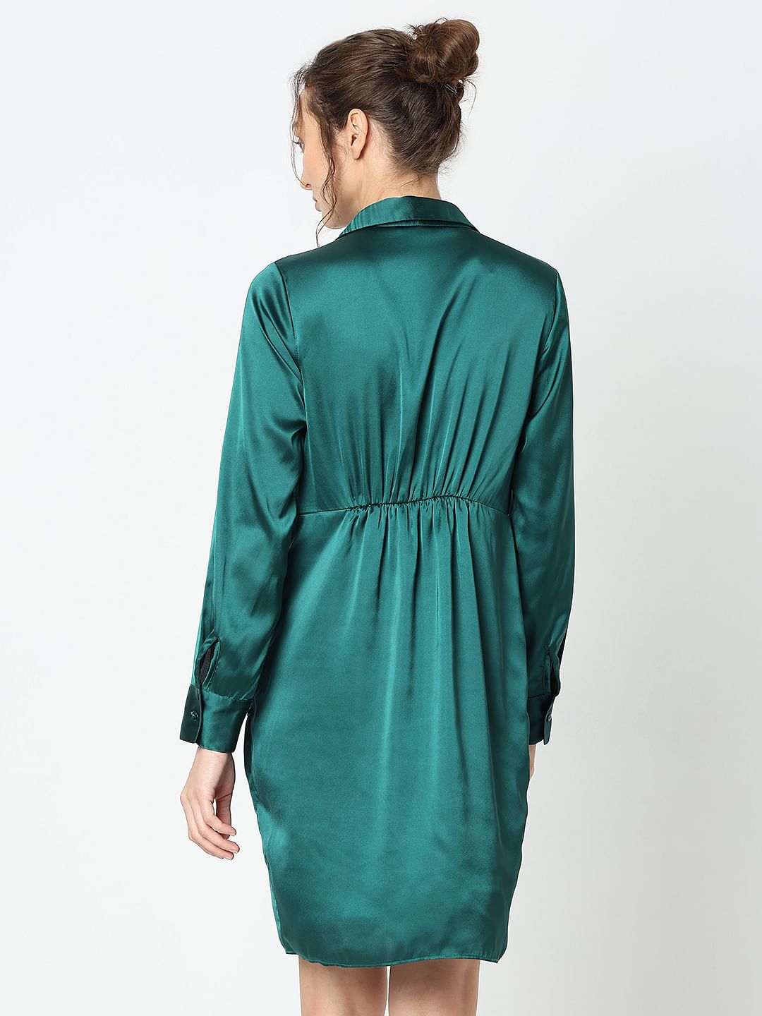 Teal Satin Shirt Dress