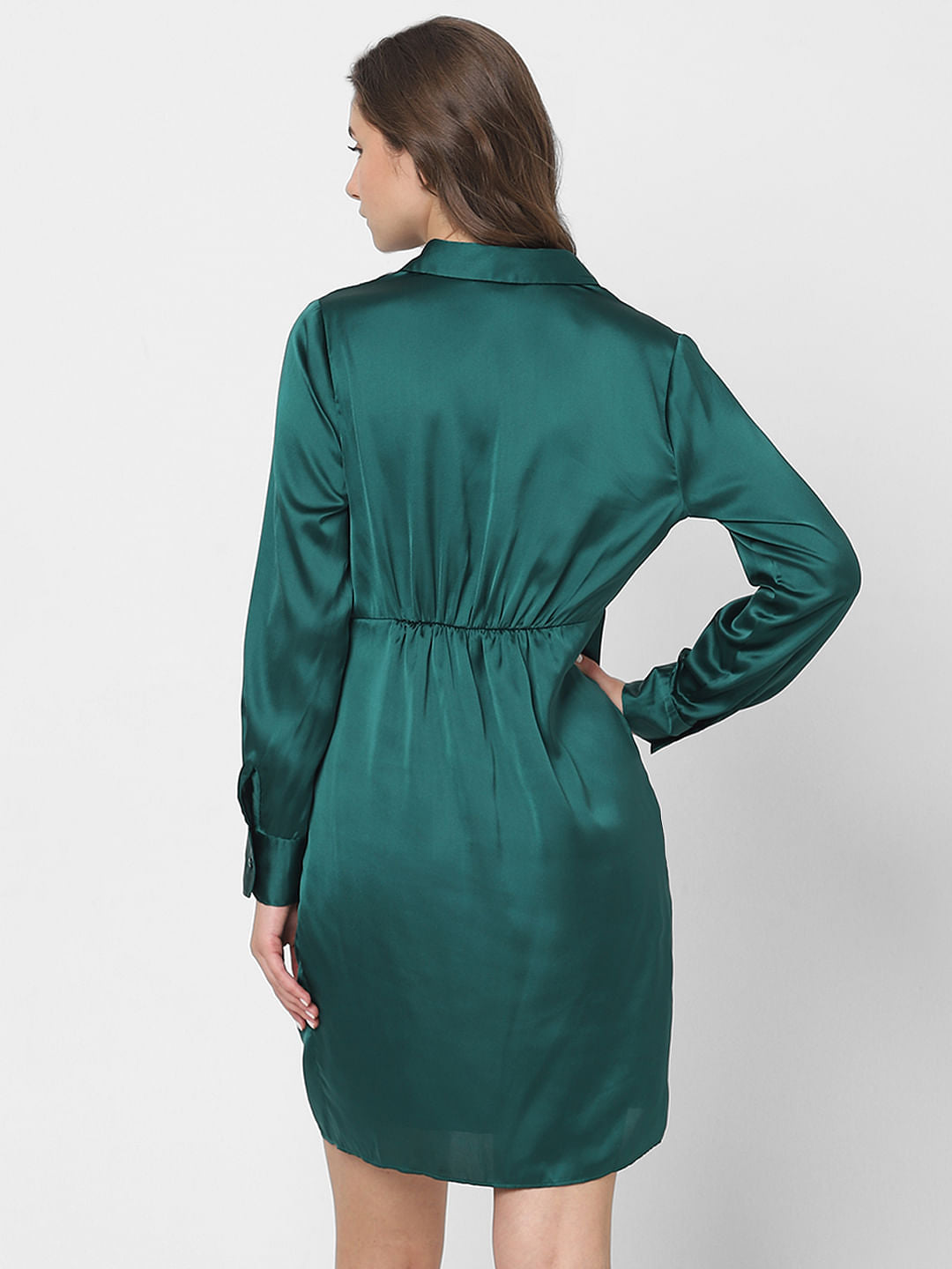 Teal Satin Shirt Dress