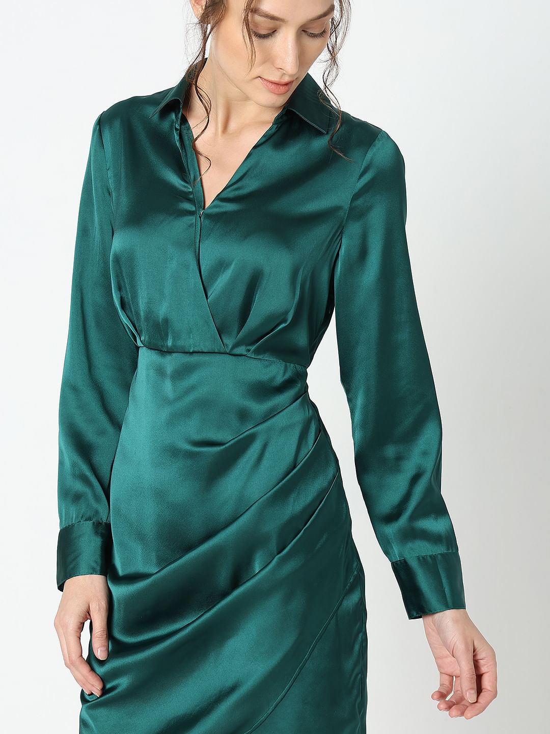 Teal Satin Shirt Dress