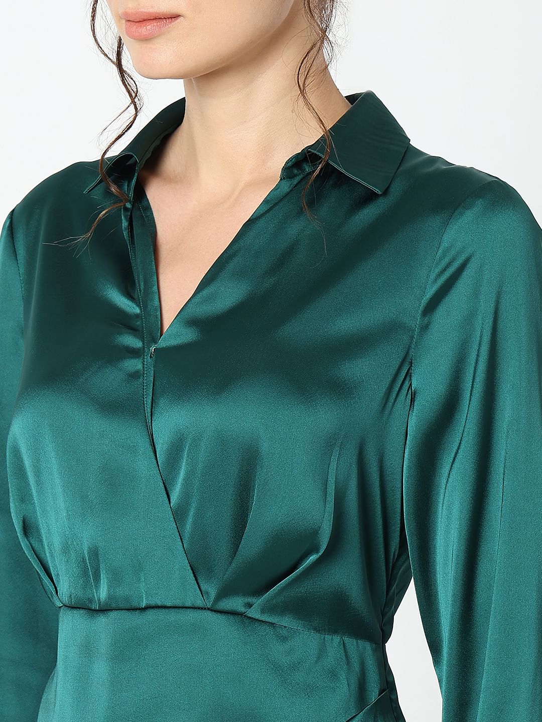 Teal Satin Shirt Dress