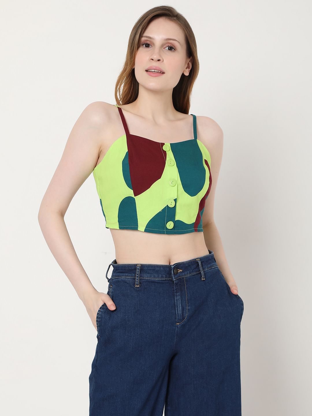 Green Printed Crop Top