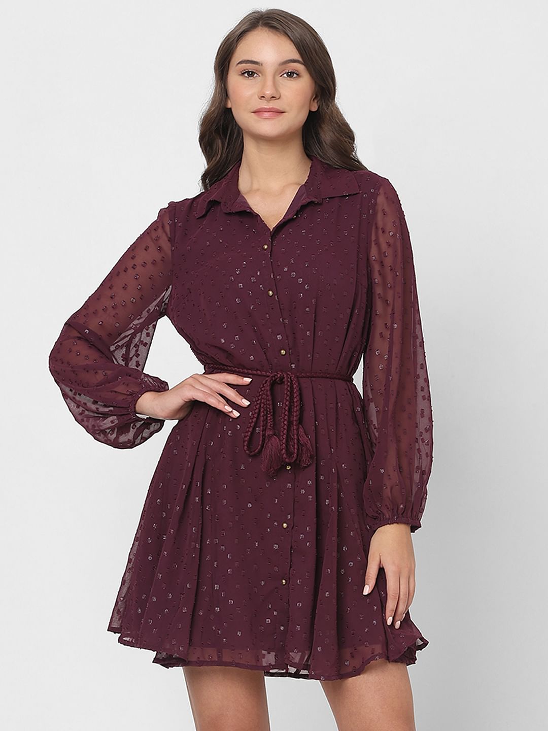 Maroon Shimmer Short Shirt Dress