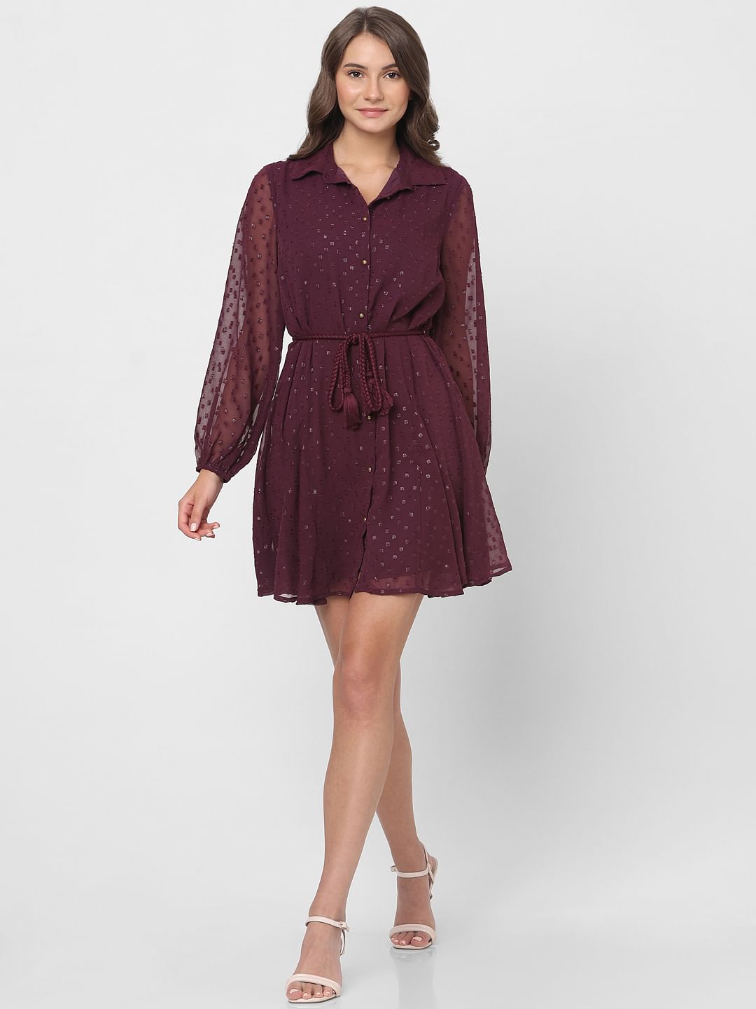 Maroon Shimmer Short Shirt Dress