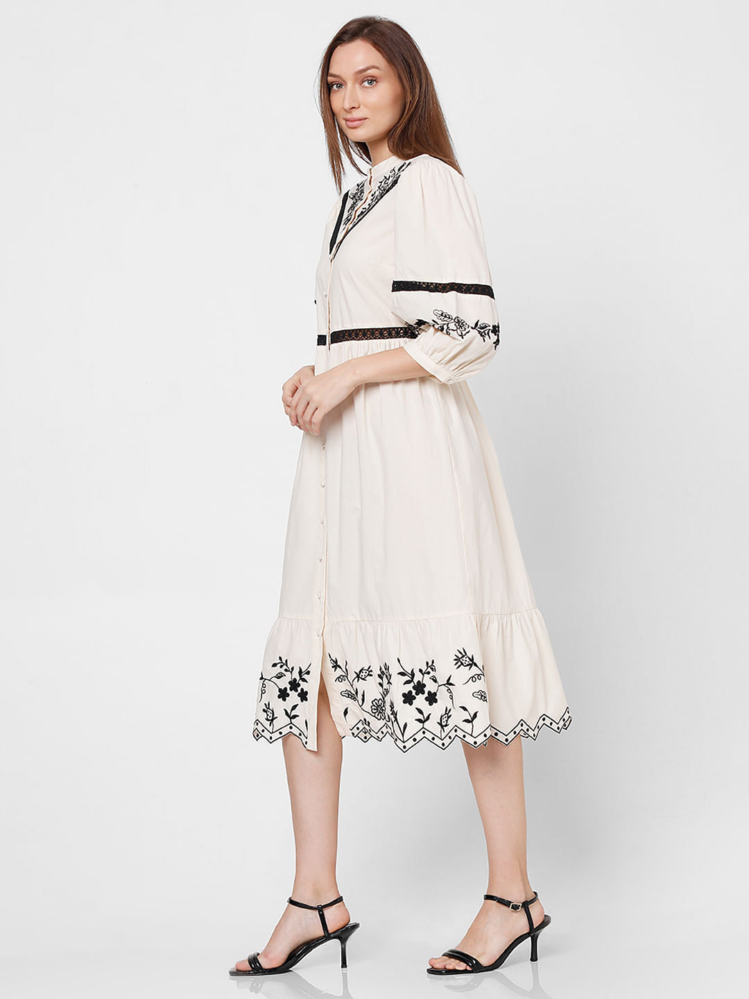 Ecru Embroidered Fit & Flare Dress