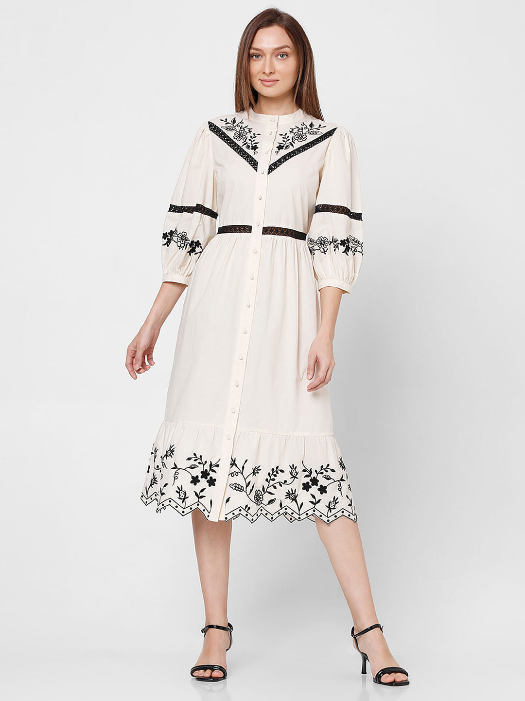 Ecru Embroidered Fit & Flare Dress