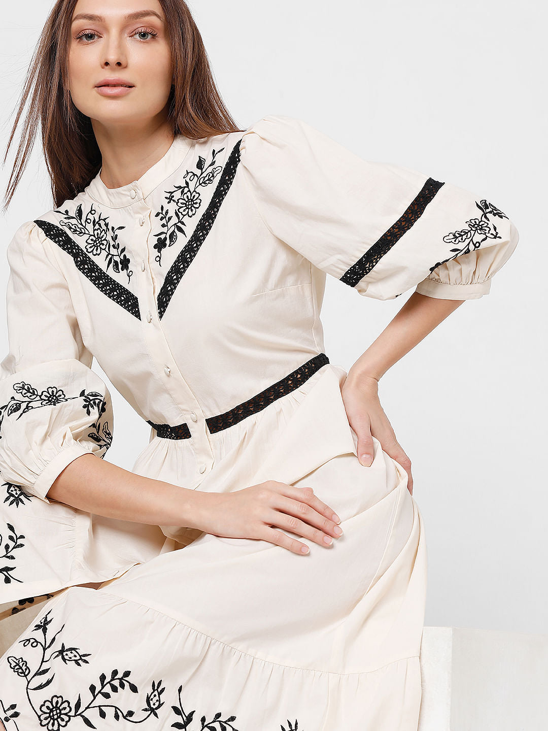 Ecru Embroidered Fit & Flare Dress