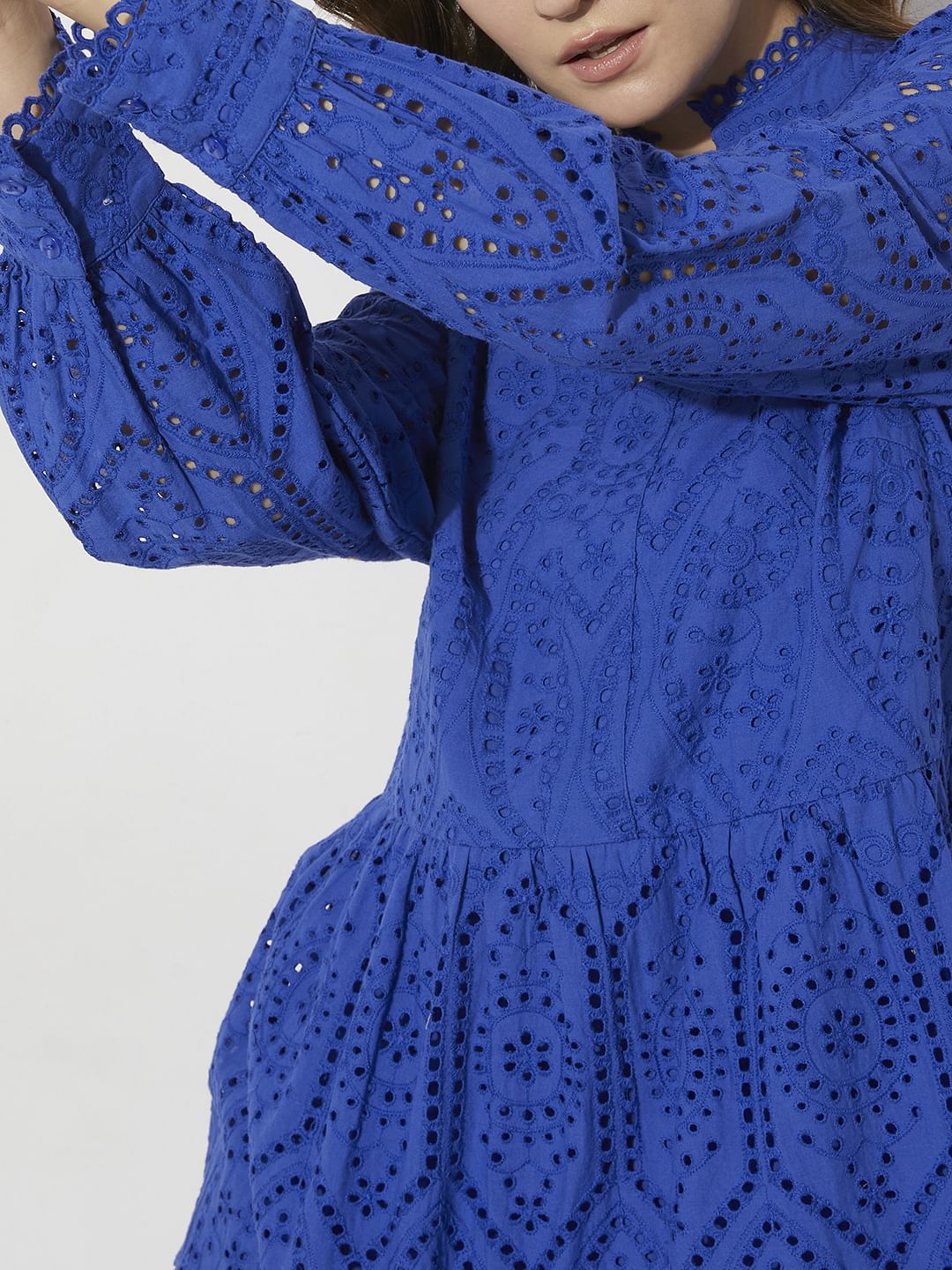 Blue Schiffli Cut-Out Shift Dress