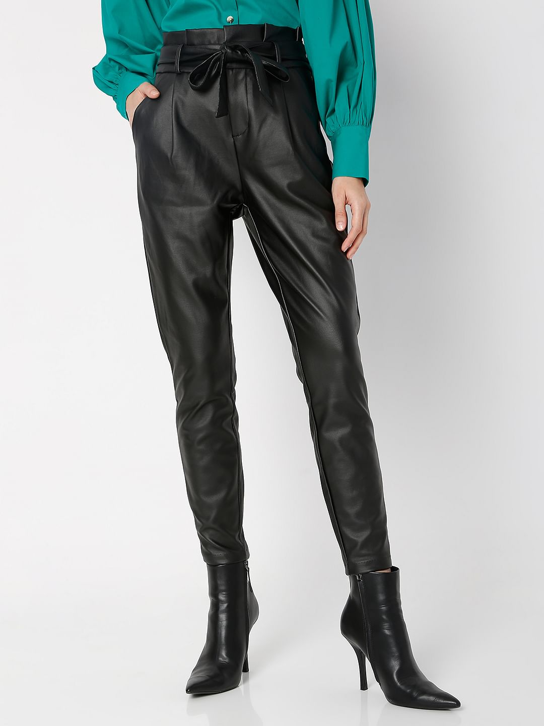 Black Mid Rise Paperbag Pants