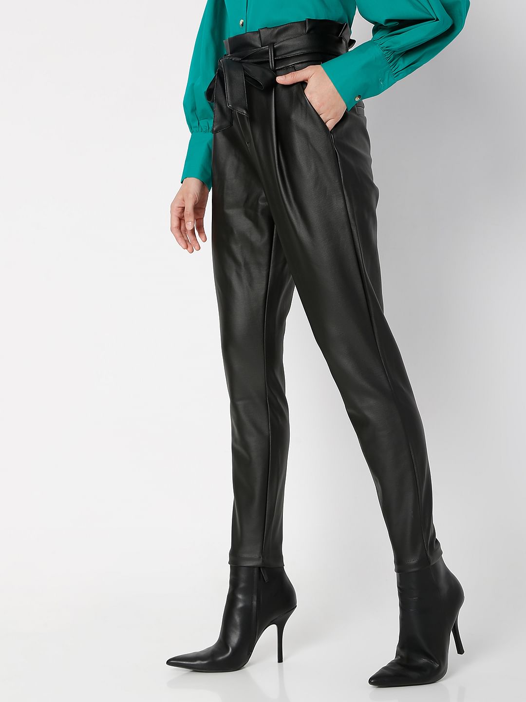 Black Mid Rise Paperbag Pants