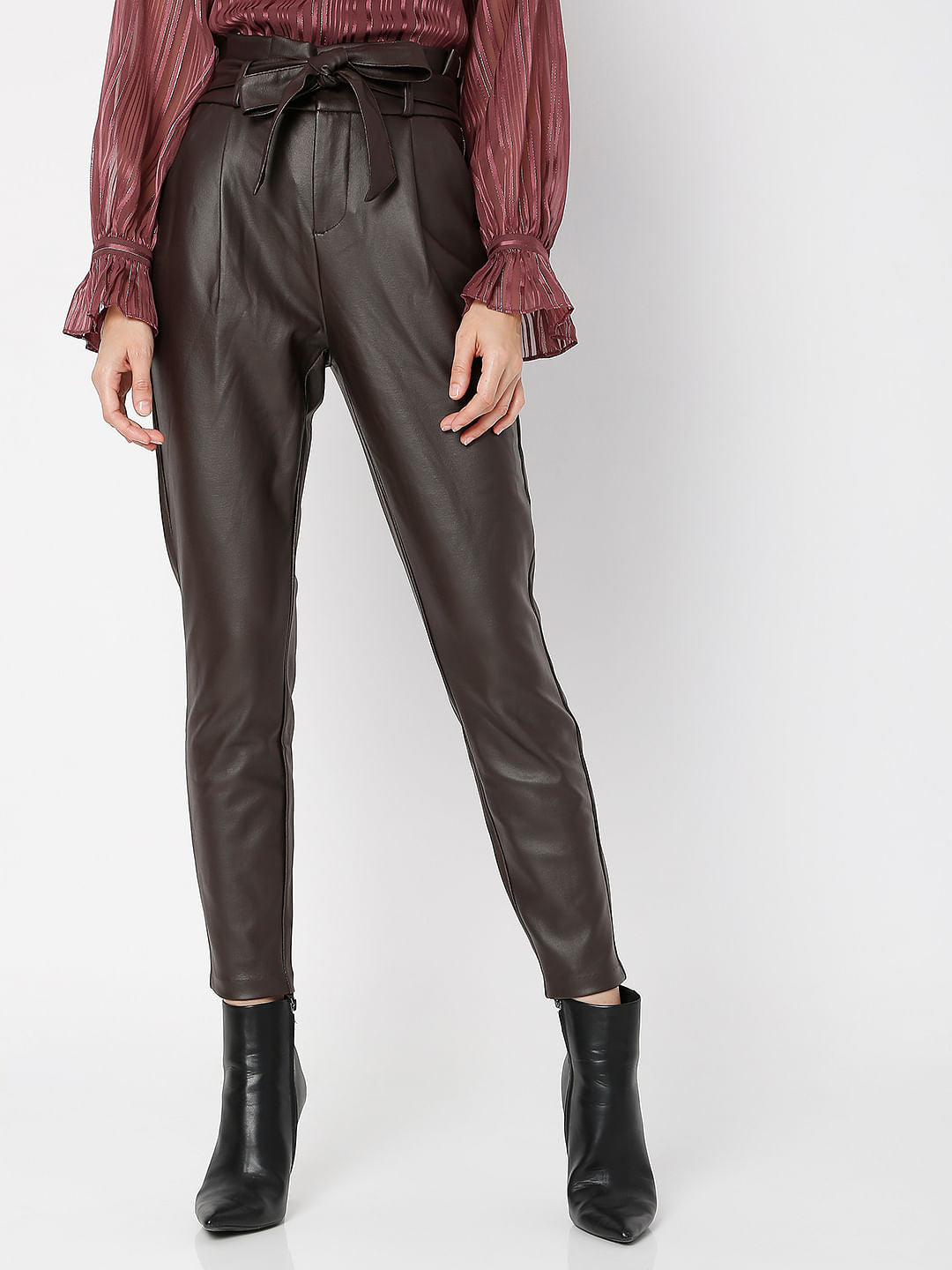 Brown High Rise Paperbag Pu Pants