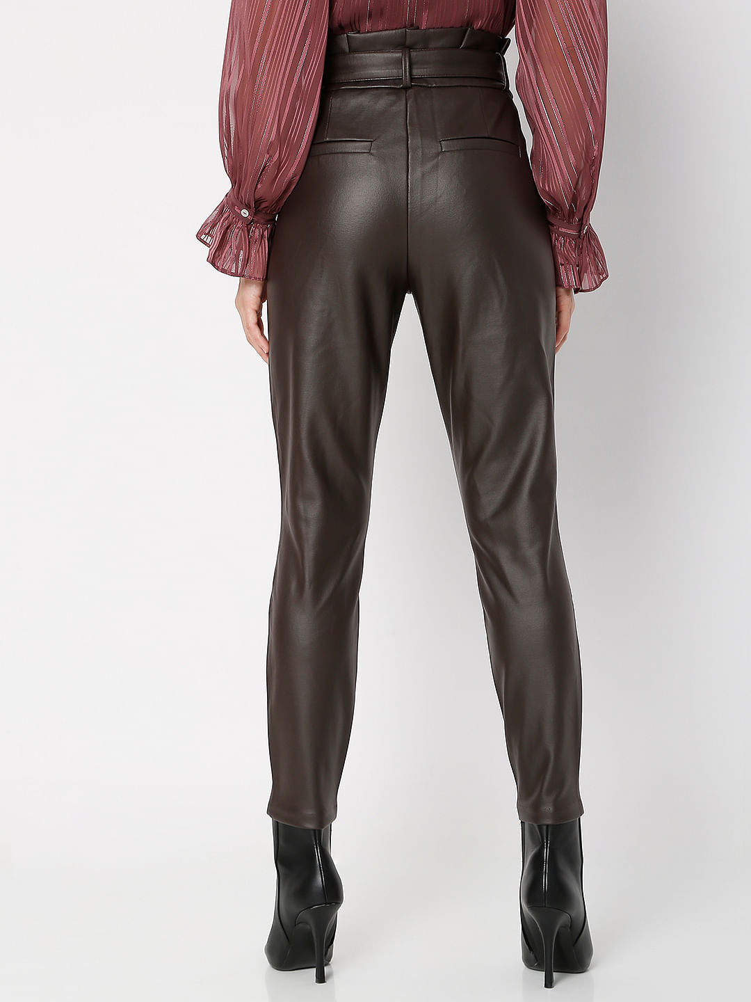 Brown High Rise Paperbag Pu Pants