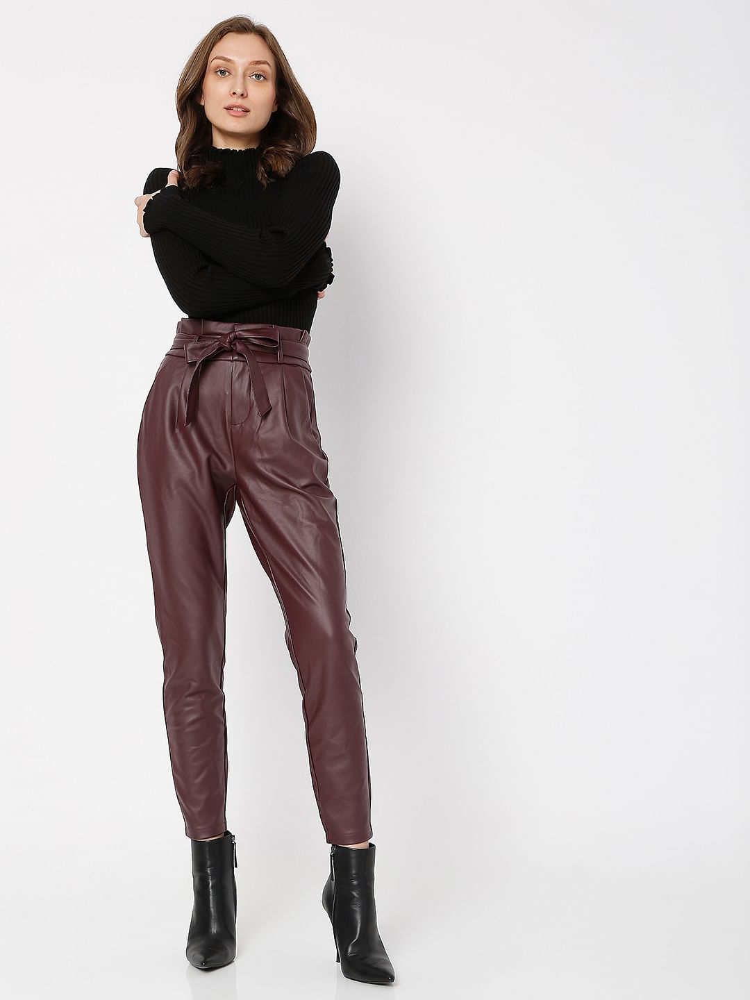 Burgundy Mid Rise Paperbag Pants