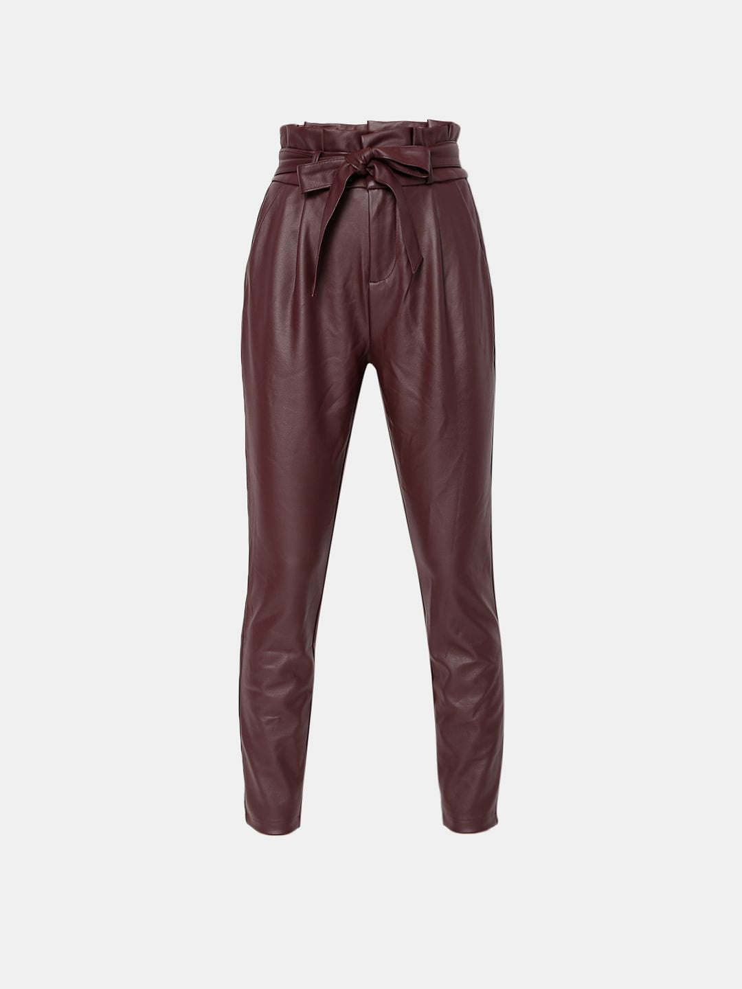 Burgundy Mid Rise Paperbag Pants