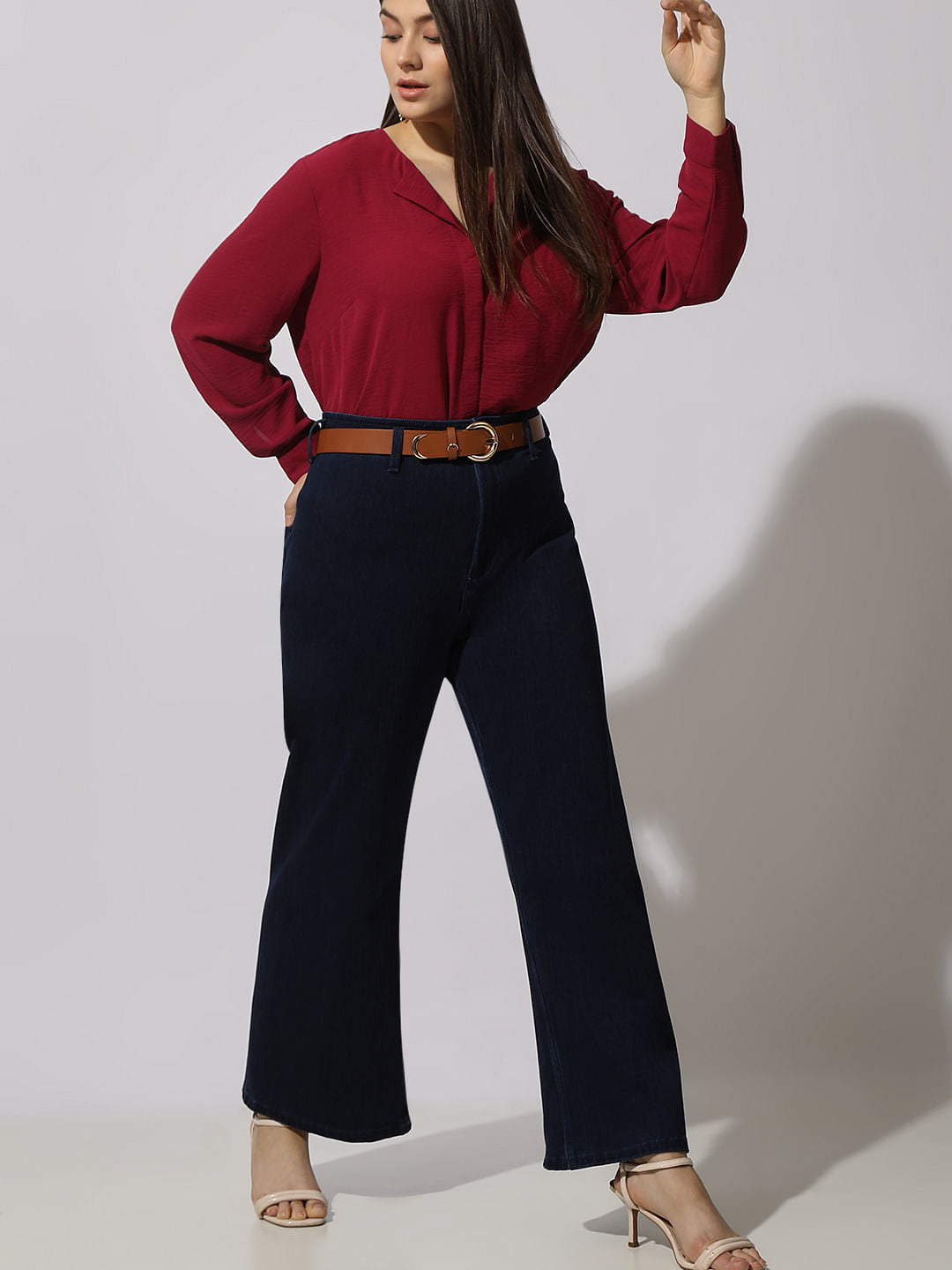 Curve Dark Blue High Rise Wide Leg Jeans