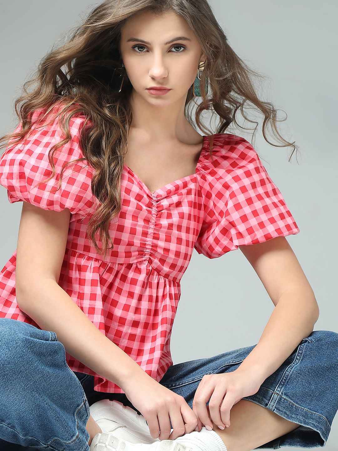 Pink Check Peplum Top