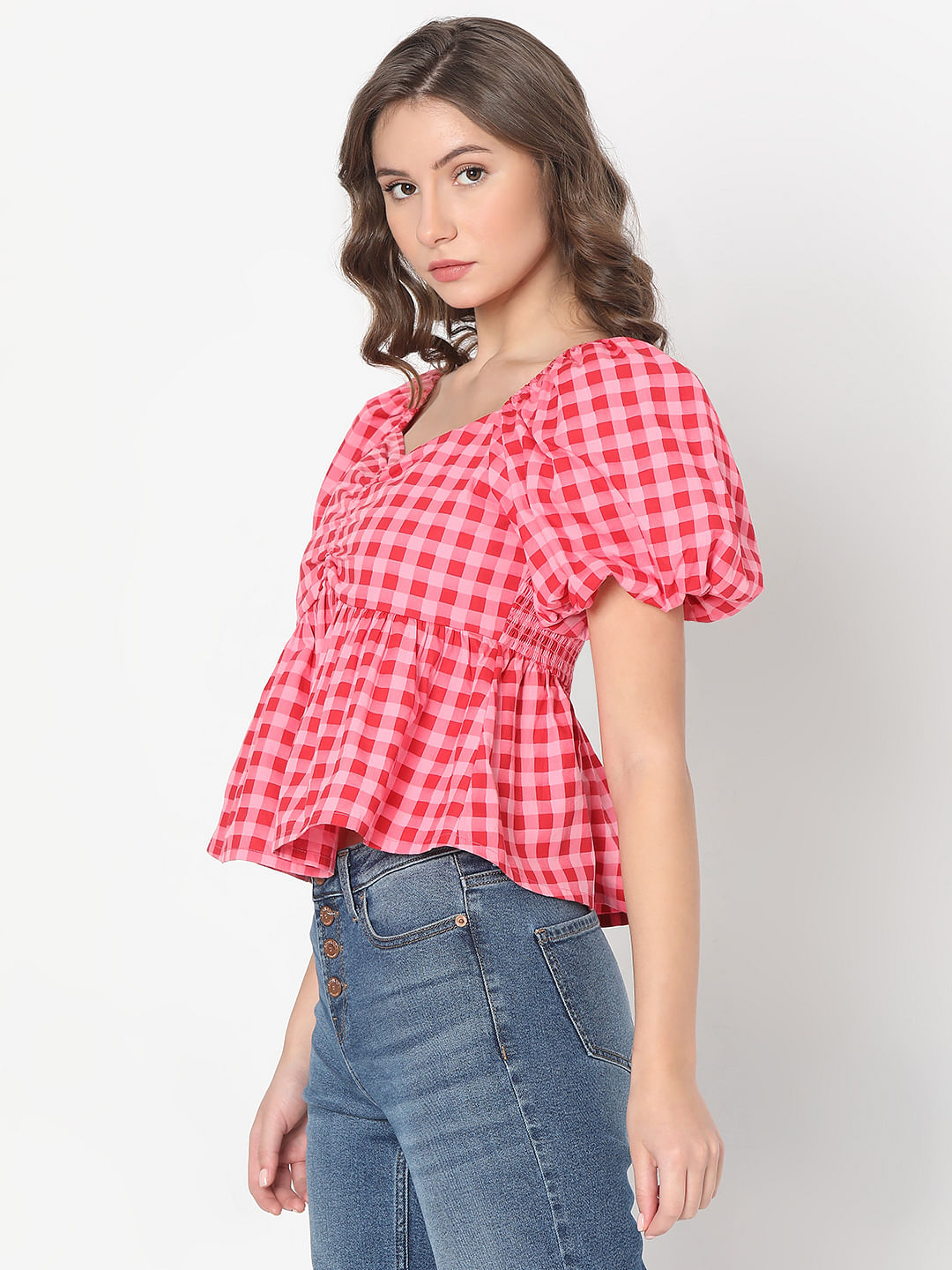 Pink Check Peplum Top