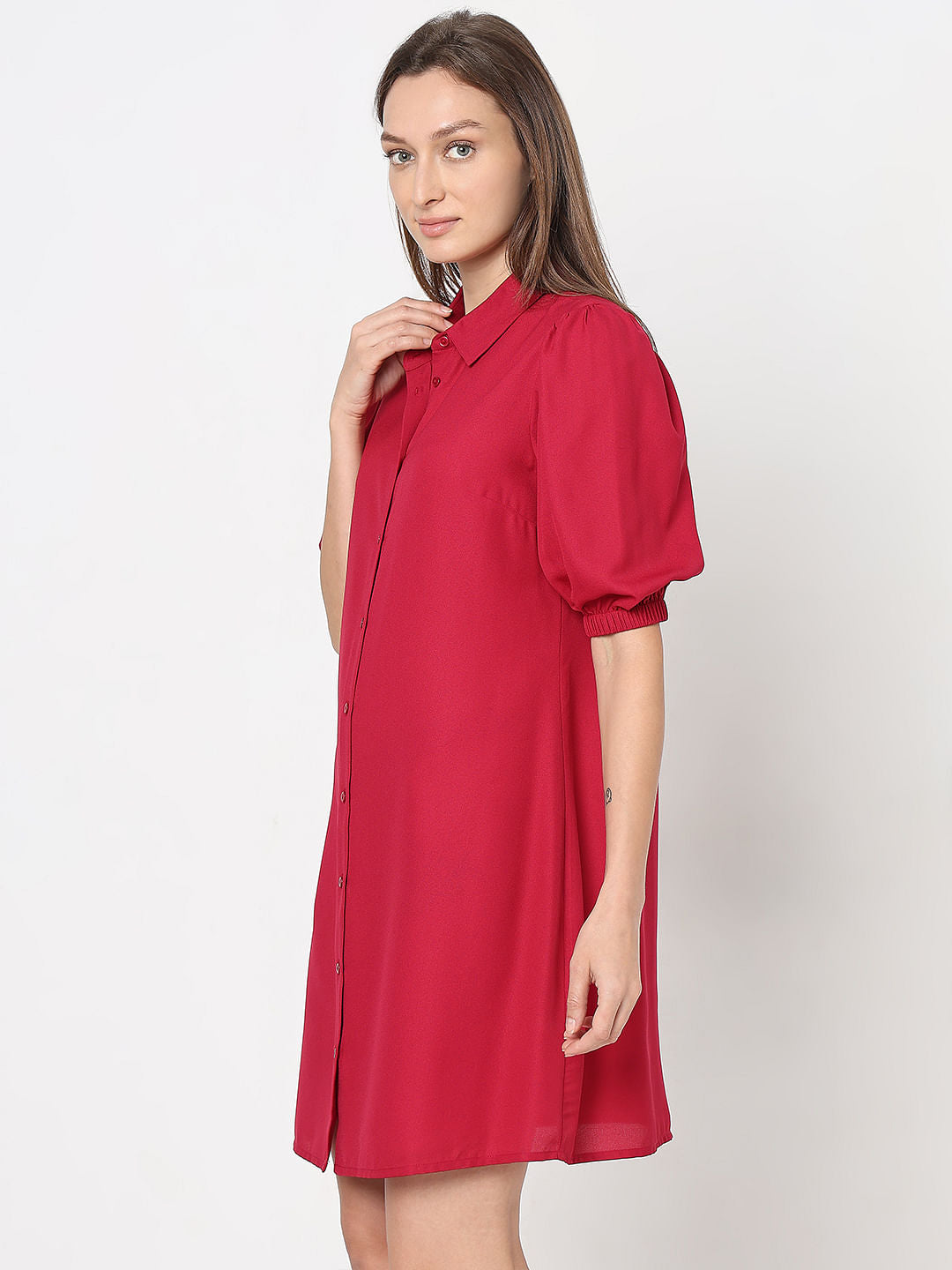 Red Puff Sleeves Shirt Dress