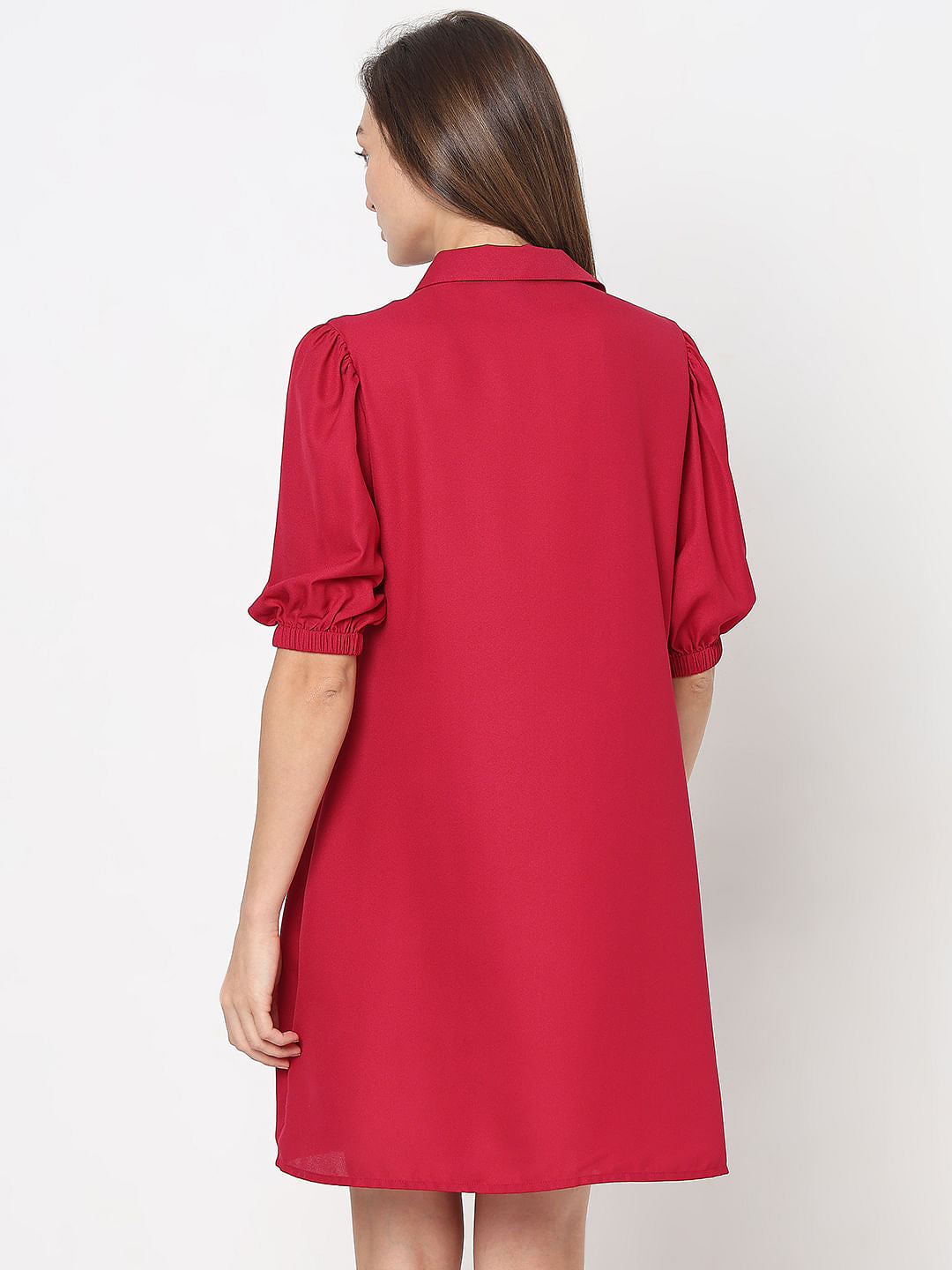 Red Puff Sleeves Shirt Dress