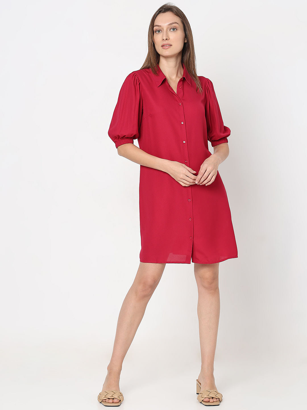 Red Puff Sleeves Shirt Dress